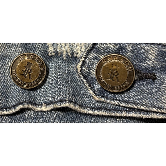 Reason Fearless Buffalo Patch Distressed Denim Trucker Jacket Paint Splatter S - Picture 8 of 9